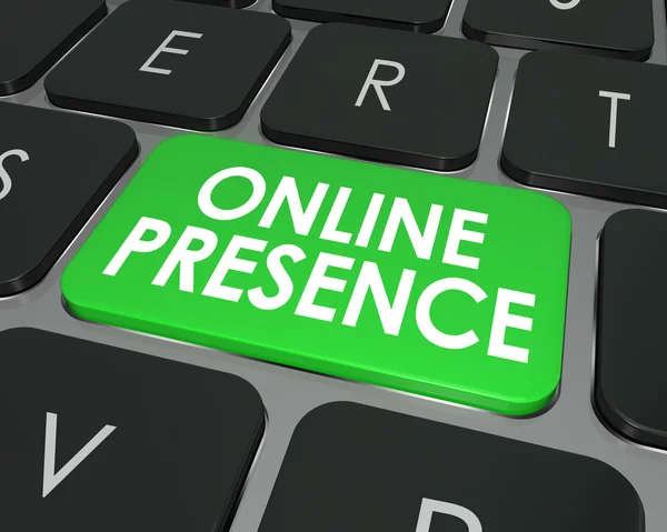 Close-up of a keyboard with a bright green key labeled ONLINE PRESENCE